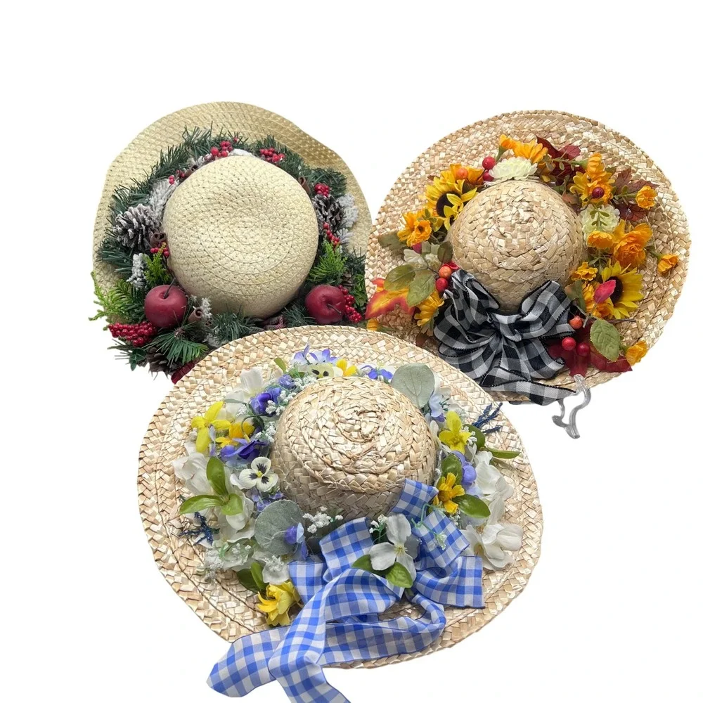 Set of 3 Seasonal Straw Hat Wreaths Floral Wall Decor Hanging Front Door Decor